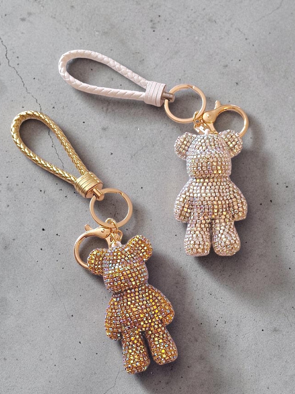 Natasha Couture Gold & White Crystal Teddy Keychain Set